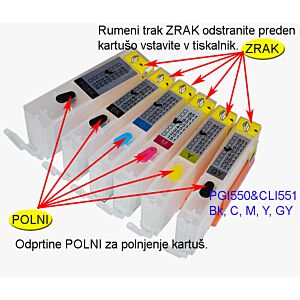 Komplet 6 kartuš Fenix PGI-550 + CLI-551 Bk + C + M + Y + GY z ARC čipom - Polnilnih brez črnila